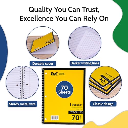 EPI Spiral Notebook | Wide - 70 Sheets, Durable Spiral Binding | 10.5 x 8 in | Classroom Supplies | School, Office, Note Taking, Journaling - 3 Pack - color: Yellow, size: 3