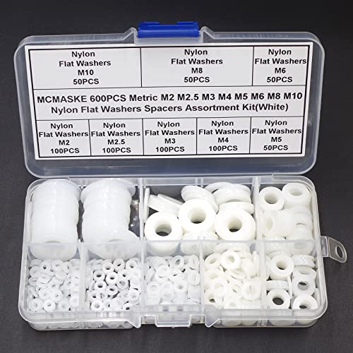 600PCS Metric M2-M10 White Nylon Flat Washers Spacers Kit - color: White