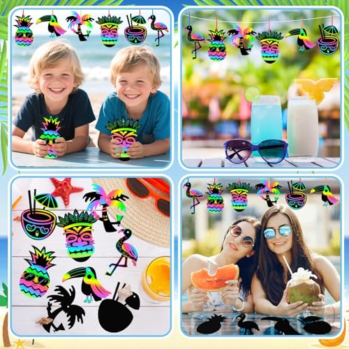 JULMELON 36PCS Luau Crafts for Kids, Rainbow Scratch Art Hawaiian Party - style: Luau Crafts
