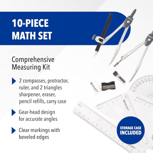 Westcott 10-Piece Math Set for Students, Includes 2 Compasses, Protractor & Ruler, Back to School, Classroom, School Supplies, Geometry Practice, Durable Storage Case