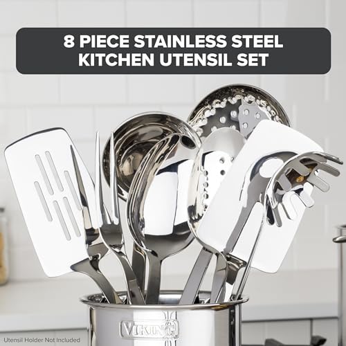 Viking Kitchen Utensils Set, 8 Piece Stainless Steel Cooking Utensil Set, Includes Spatulas, Spoons, Pasta Fork, Deep Ladle, Meat Fork, and Skimmer, Silver - size: 15.5" x 4.75", style: 8-Piece Set