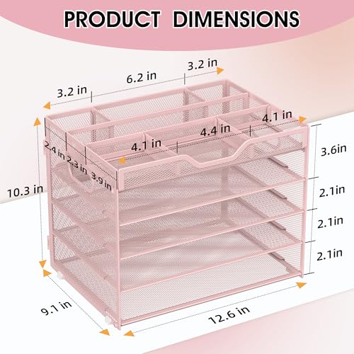 5 Tier Paper Letter Tray Desk Organizer with Pen Holders - Pink - color: 5 Tier-Pink, size: 12.5" x 9.1" x 10.3"