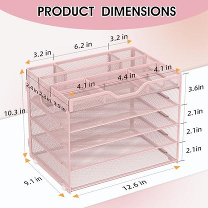5 Tier Paper Letter Tray Desk Organizer with Pen Holders - Pink - color: 5 Tier-Pink, size: 12.5" x 9.1" x 10.3"
