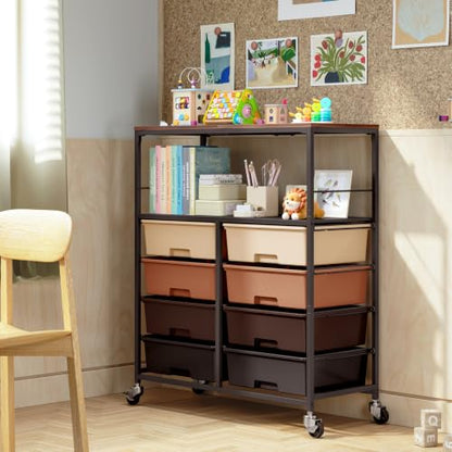 APEXCHASER Rolling Storage Cart with 8 Large Drawers, Wooden Tabletop - color: Brown