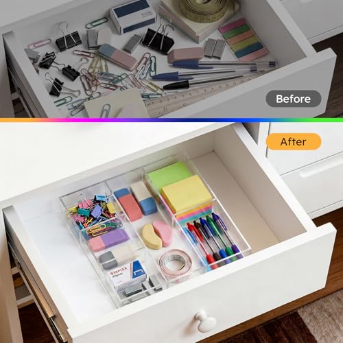 HIIMIEI Acrylic Drawer Organizer, 6 Section Clear Makeup Tray Organizer for Drawer Office Bedroom(11.8x11.8 inch) (Pack of 2) - size: 12'' x 12'' (Pack of 2)