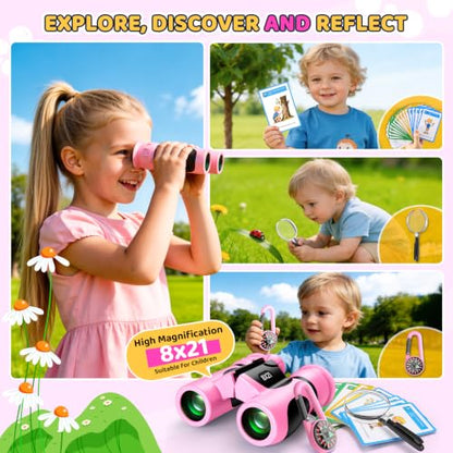 8x21 Kids Binoculars with 25 Scavenger Hunt Cards|Compass|Magnifying Glass, 3-12 Year Old Girls Birthday Gift Outdoor Explorer Kit for Girl Kid Ages 4-6-8-12 STEM Camping Toy Bird Watching Hiking - color: Pink