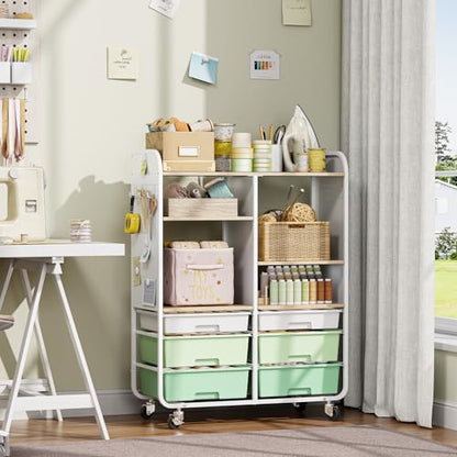 APEXCHASER 6 Drawers Rolling Storage Cabinet with Wood Top& Pegboards Green - color: Green