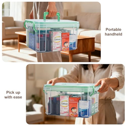 2 Pack Clear Medicine Organizer Storage Box with Handle & Tray - Thickened Plastic Empty First Aid Box, Multipurpose Medical Container with Lids/Labels, Medication Caddy for Home, Baby, Elderly, Dorm - size: 2 PACK