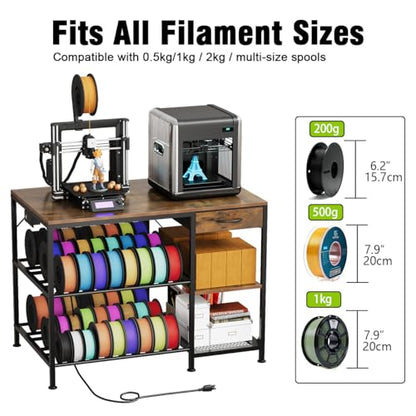 3D Printer Stand with Drawer&Outlet,3D Printer Table with Filament Storage - color: Brown
