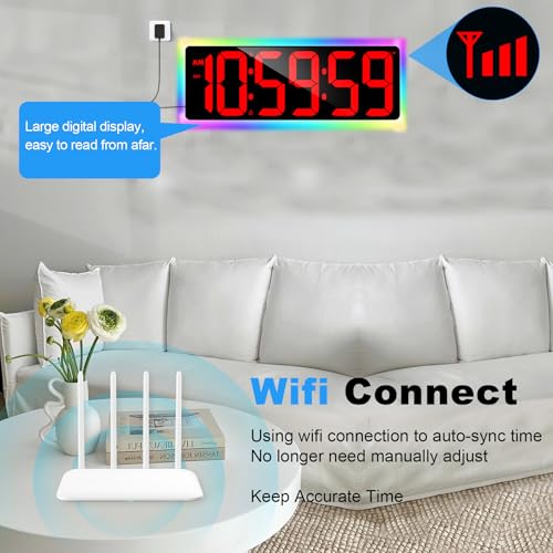 TXL 17.2" WiFi Digital Wall Clock with Seconds, Large Countdown Timer for Classroom Home Gym Office, Alarm Clock with Remote Control, RGB Ambient Lights, 4 Dimmable Brightness, Auto DST(Red) - color: Red
