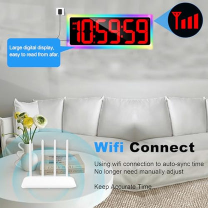 TXL 17.2" WiFi Digital Wall Clock with Seconds, Large Countdown Timer for Classroom Home Gym Office, Alarm Clock with Remote Control, RGB Ambient Lights, 4 Dimmable Brightness, Auto DST(Red) - color: Red