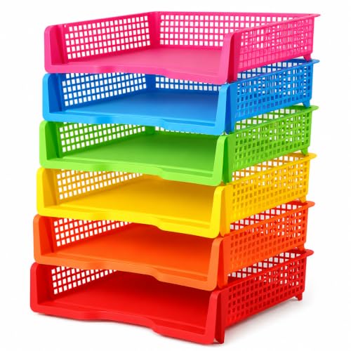 6 Pcs Colorful Turn in Trays Classroom, Stackable Paper Bins for Classroom, 13x9x2.8 inch Plastic Baskets Desktop Organization System Office (Colorful) - color: Colorful
