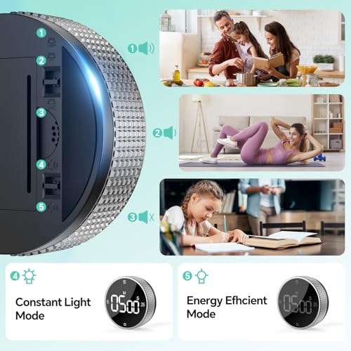 Digital Kitchen Timer with Magnetic, Large LED Display Countdown/Countup Timer, Pomodoro Preset 5/15/25 Mins, Volume & Brightness Adjustable for Cooking Baking Working Studying Silver - color: Sliver