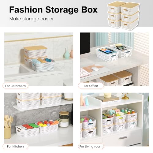 Ohmlove 6 Pack Plastic Storage Baskets with Bamboo Lids for Organization - color: Cream White