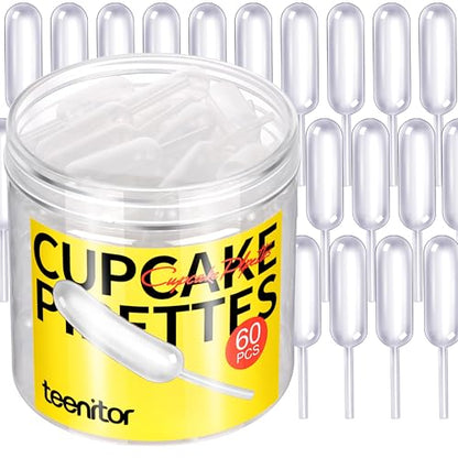 Teenitor 60Pcs 4ml Squeeze Cupcake Pipettes, Alcohol Infuser Plastic Pipettes Dropper Squeeze Dropper Disposable Mini Flavor Liquor Infuser for Chocolate Strawberries Cupcakes Squeeze Plastic Pipettes