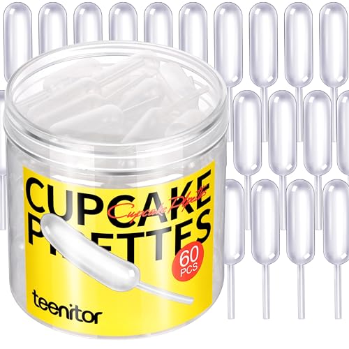 Teenitor 60Pcs 4ml Squeeze Cupcake Pipettes, Alcohol Infuser Plastic Pipettes Dropper Squeeze Dropper Disposable Mini Flavor Liquor Infuser for Chocolate Strawberries Cupcakes Squeeze Plastic Pipettes