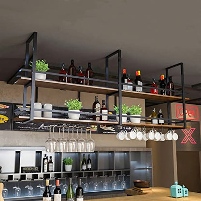 Ceiling Wine Glass Rack - 55.1in Hanging Wine Rack with Glass Holder and Shelf, 2 Layer Industrial Hanging Wine Bottle Holder, Gold Metal Ceiling Shelf for Bar Cafe Kitchen (Gold, 55.1×11.8×31.4in) - color: Gold, size: 55.1×11.8×31.4in