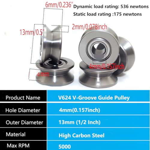 20pcs V Deep Groove Ball Bearings Pulley, Mini Bearings Deep V Groove Guide Pulley Rail Ball Bearings Wheel for Micro Pulley Systems,4x13x6mm