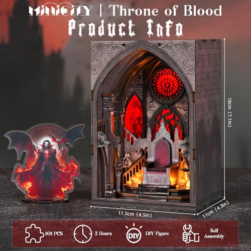 MiniCity Book Nook Kit, Gothic 3D Wooden Puzzle Dollhouse with LED Light, Laser Film Craft Book Shelf Insert Decor, 101Pcs DIY Assembly Model with Full Tools & Color Instruction - Throne of Blood - color: Red