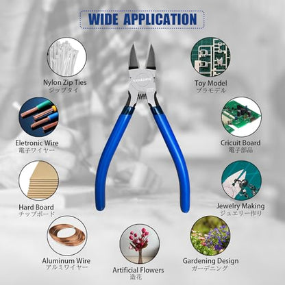 Wire Cutters 5 Pack, 6.5 inch,KAIHAOWIN Flush Cutters Diagonal Cutters Side Cutters Precision Ultra Sharp Spring Loaded Wire Snips Clippers Dikes Cutting Pliers Small for Crafting Jewelry Making,Blue - size: 6.5 inch
