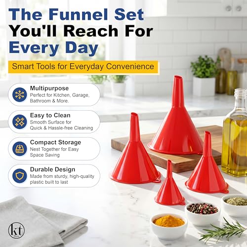 4Pcs All Purpose Plastic Funnel Set, Funnels for Kitchen Use Filling Bottles, Mini, Small to Large Funnels for Automotive Use, Liquid Spices Funnel for Water Bottles, Flask, Car Oil and More - color: Red