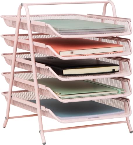 Mind Reader 5-Tier Paper Tray Organizer, Vertical Desktop File Storage Rack, Office, Metal Mesh, Pink (Pack of 6) - color: Pink, size: 11.8" x 14" x 15" (Pack of 6)