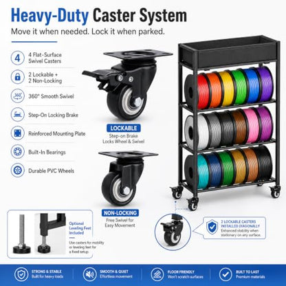 MAYJOY 3D Printer Filament Storage Rack with Wheels, Top Bin, 4-Tier, Metal - size: 4-Tier Single-Row Cart