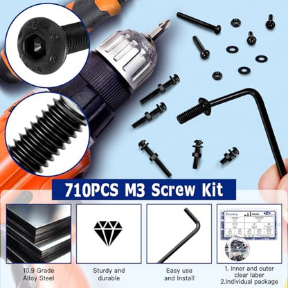 710PCS M3 Screw Assortment Kit, M3x6/8/10/12/16/20/25/30mm M3 Screw Kits - size: M3