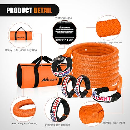 Nilight Kinetic Recovery Tow Rope Kit with 2 Soft Shackle 1" x 30ft Heavy Duty Offroad Tow Rope Snatch Strap Towing Strap kit (33,000LBS) for UTV ATV SUV Truck Car Jeep Tractor - color: 1in x 30ft Rope + 2Pcs Shackles