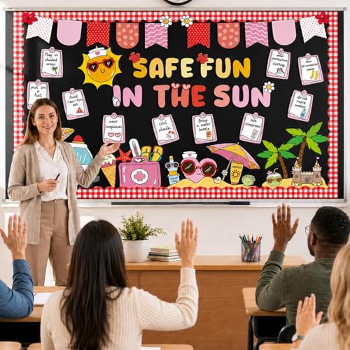 Sunshine Sun Bulletin Board Set Safe Fun in the Sun Classroom Decorations Summer Classroom Sunshine Safety Paper Cutouts for Back to School Teachers Chalkboard Wall Door Decor - style: Sun