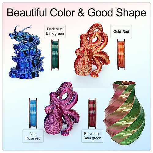 Kretrum Silk Dual Color 3D Printer Filament Bundle, 1.75 mm Color Changing PLA Bundle, 4 Spools 250g Each (Rose & Blue, Red & Gold, Violet & Green, Blue & Green) - color: Silk Dual-color：rose&blue, Red&gold, Violet&green, Blue&green