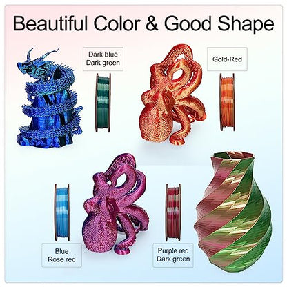 Kretrum Silk Dual Color 3D Printer Filament Bundle, 1.75 mm Color Changing PLA Bundle, 4 Spools 250g Each (Rose & Blue, Red & Gold, Violet & Green, Blue & Green) - color: Silk Dual-color：rose&blue, Red&gold, Violet&green, Blue&green