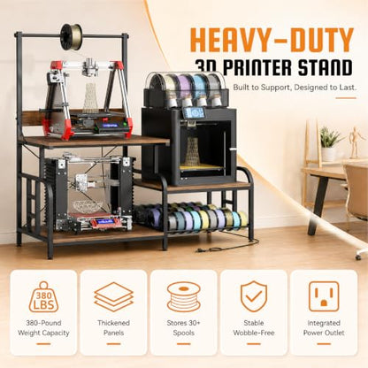 3D Printer Stand with Filament Storage Rack, Power Outlet, Spool Holder - color: Rustic Brown