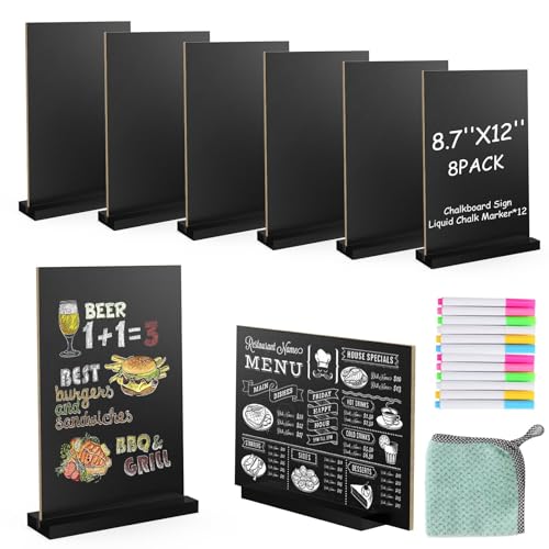 EHWINE Chalkboard Easel Sign Set, 8 Pack 8.7 x 12 Inch Double-Sided Wooden Boards with Acrylic Base, Chalk Markers Included, for Wedding, Restaurant, Tabletop Menu Display, Party and Event Decor - style: 8 Pack 8.7 x 12 Inch