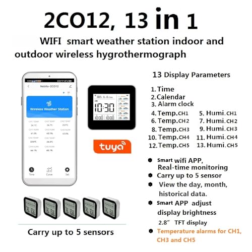 2CO12-5，Weather Stations Wireless Indoor Outdoor Thermometer & Smart WiFi with Phone App, 5 sensors Temperature and Humidity Monitor & Store Data for 1 Year, Temperature Alarm.