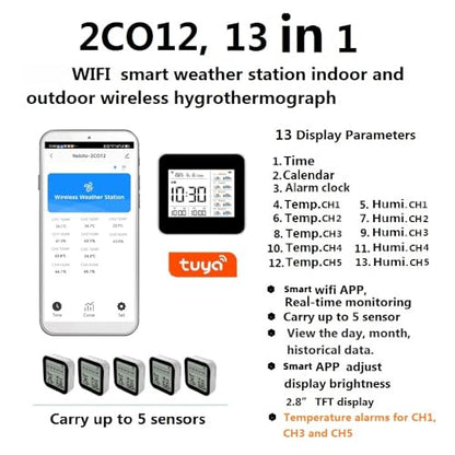 2CO12-5，Weather Stations Wireless Indoor Outdoor Thermometer & Smart WiFi with Phone App, 5 sensors Temperature and Humidity Monitor & Store Data for 1 Year, Temperature Alarm.