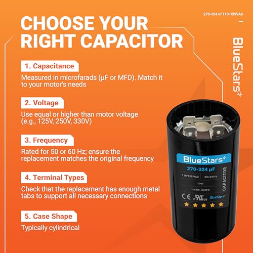[UL Certified] BlueStars 270-324 uF MFD 110-125 VAC Round Motor Start Capacitor 50/60 Hz AC Electric Replacement Part for AC Motors Starting or Pool Pump or Well Pump - size: 270-324 MFD 110-125 VAC