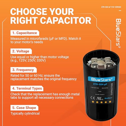 [UL Certified] BlueStars 270-324 uF MFD 110-125 VAC Round Motor Start Capacitor 50/60 Hz AC Electric Replacement Part for AC Motors Starting or Pool Pump or Well Pump - size: 270-324 MFD 110-125 VAC