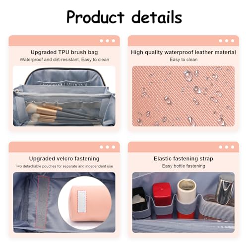 BOYATU Travel Makeup Bag Organizer Cosmetic Bag: 3 Pcs Set Make up Bags for Women with Handle - Waterproof Vegan Leather Toiletry Bags Travel Essentials Pouch with Compartments (C-05-Pink) - color: 04-B-Pink