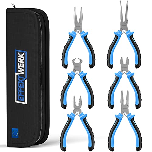 E•Werk - 6-Pc Mini Pliers Set - Linesman, Long Nose, Needle Nose, Bent Nose, Diagonal Cutting & Wire Cutters - Electrician Tool Kit w/Small Pouch - Use for Jewelry Craft & Electronic Repairs