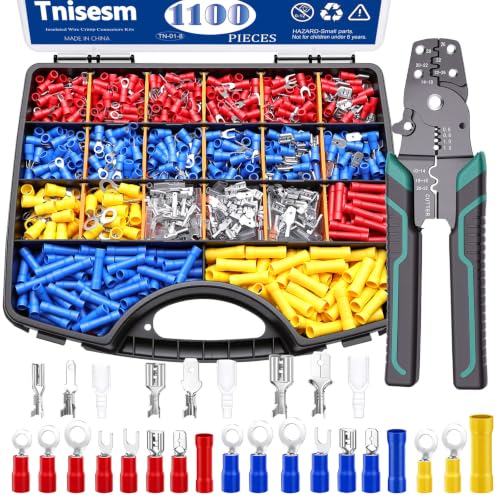 Tnisesm 1100PCS Wire Connector Kit with Crimping Tool, Copper Insulated Electrical Wire Terminals - Ring, Butt, Spade, Fork, Assorted Crimp Connectors in Reusable Carrying Case - color: 1100PCS, size: Crimp style
