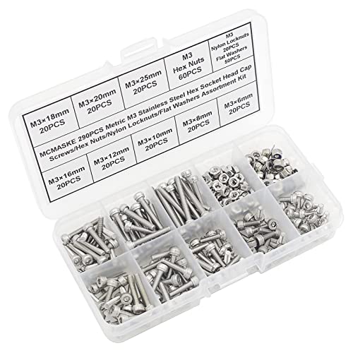 290PCS M3 304 SS Knurled Socket Head Cap Screws Nuts Washers Kit - size: M3