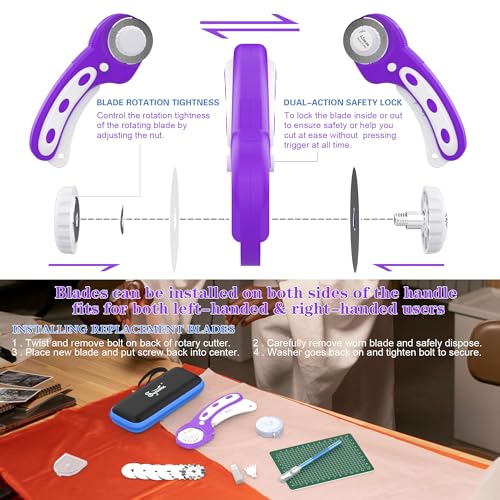 45mm Rotary Cutter | Rotary Fabric Cutter | Rotary Cutters for Sewing, Scrapbooking, Hobbies, DIY | A6 Cutting Mat, Storage Boxes, Precision Knives, Ruler, Spare Blades | Fabric Roller Cutter (Purple) - color: Purple