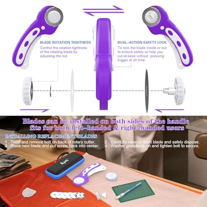 45mm Rotary Cutter | Rotary Fabric Cutter | Rotary Cutters for Sewing, Scrapbooking, Hobbies, DIY | A6 Cutting Mat, Storage Boxes, Precision Knives, Ruler, Spare Blades | Fabric Roller Cutter (Purple) - color: Purple
