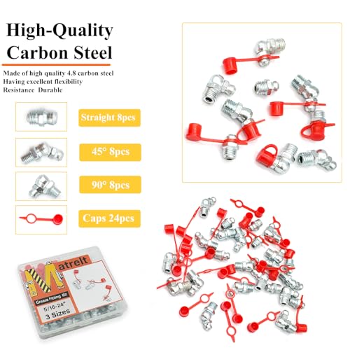 24Pcs 5/16"-24 Straight 45 90 Degree Grease Fitting Assortment Kit with Grease Zerk Fittings Caps, Galvanized Steel Hydraulic Grease Zerk for Industrial and Agricultural Machinery Cars Ships ets - size: 5/16"-24-24 Pcs