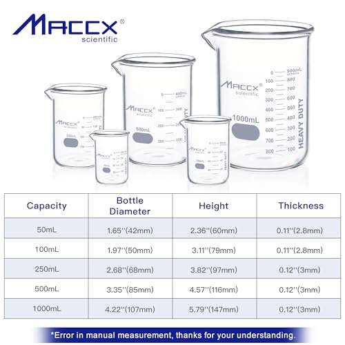 Sturdy Glass Beakers, Heavy- Duty 5 Sizes Set, Vol. 50ml 100ml 250m 500ml 1000ml,3.3 Borosilicate Griffin Low Form with Printed Graduation, BKLS02-005 - style: Vol.50ml 100ml 250ml 500ml 1000ml