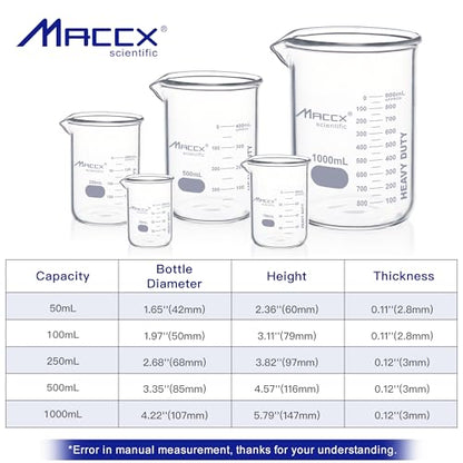 Sturdy Glass Beakers, Heavy- Duty 5 Sizes Set, Vol. 50ml 100ml 250m 500ml 1000ml,3.3 Borosilicate Griffin Low Form with Printed Graduation, BKLS02-005 - style: Vol.50ml 100ml 250ml 500ml 1000ml
