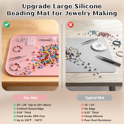 Silicone Mat with Edge for Bead Board: 28" x 20" Craft Mat with Raised Side - color: Pink, size: 28"L x 20"W