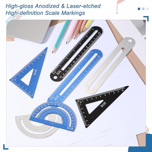 HARFINGTON 4pcs Triangular Ruler Set 15cm/6" Aluminum Alloy Silver White - color: Silver White