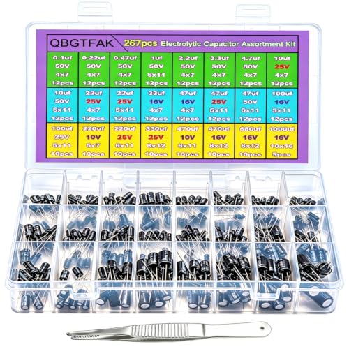 Electrolytic Capacitor, QBGTFAK 24Value 267pcs(0.1uF－1000uF) Aluminum Electrolytic Capacitors Assortment Kit for Computer Motherboard, TV, Speaker
